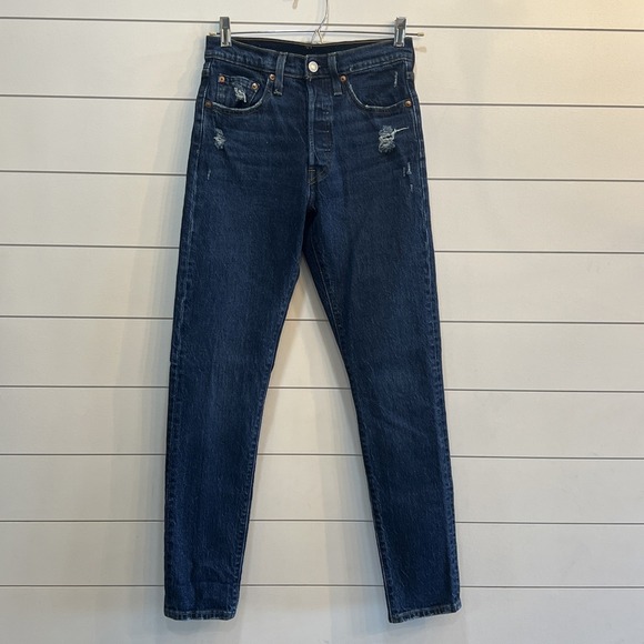 Levi's Denim - Levi's 501 S Button Fly Skinny Jeans Womens 24x30 High Rise Distressed Dark Wash